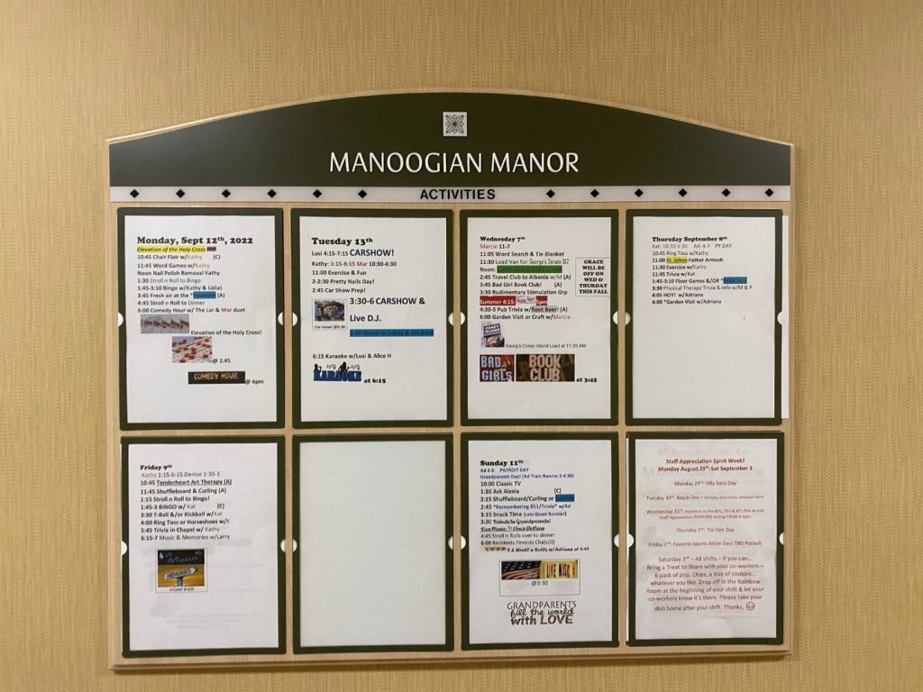 Manoogian Manor Home for the Armenian Aged Weekly Schedule