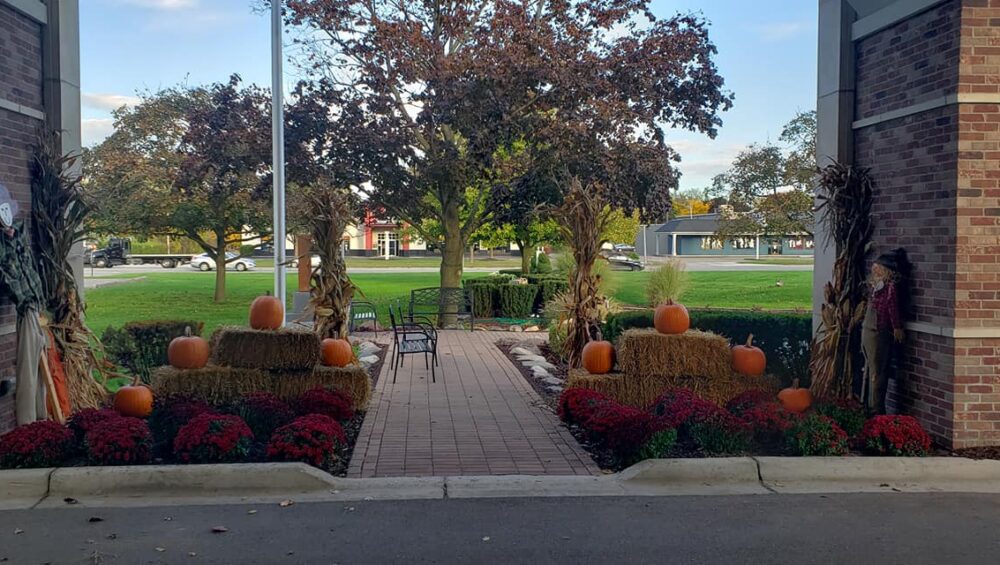 Front of Manoogian Manor decorated for Halloween.