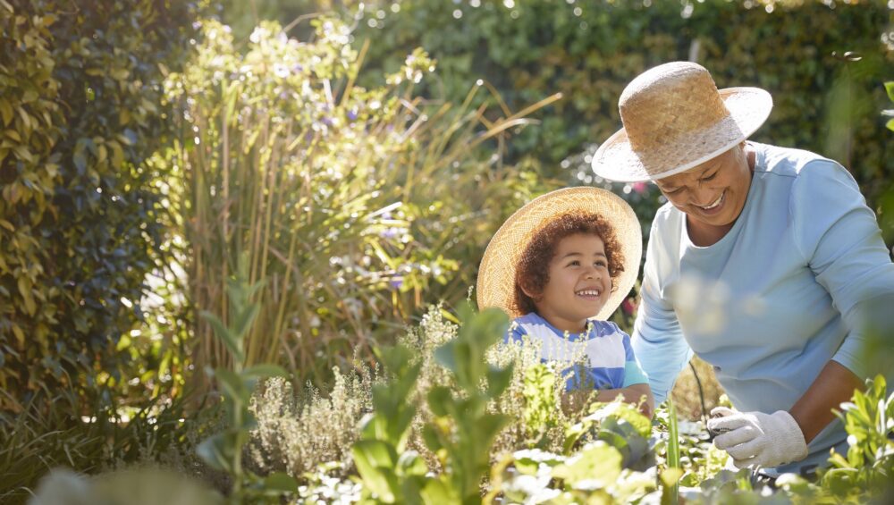 Grandmother and child gardening outdoors
